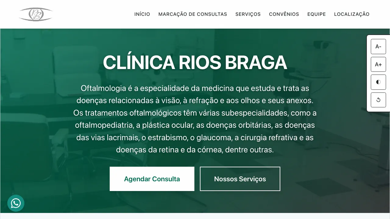 Screenshot da landing page da Clínica Rios Braga — oftalmologia com acessibilidade WCAG